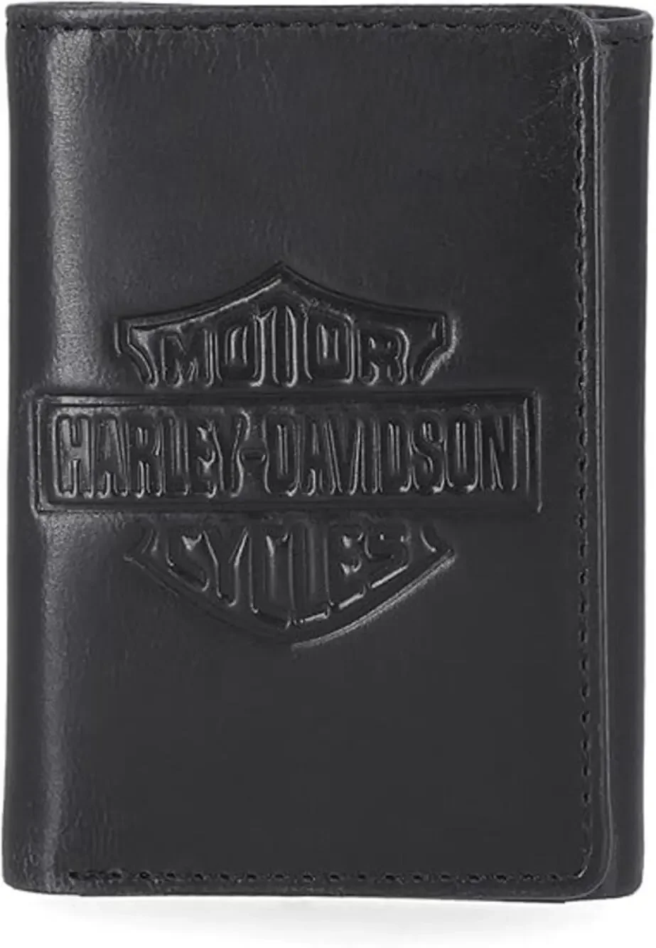 New Harley Davidson Men's Leather RFID Blocking Trifold Leather Wallet in Black